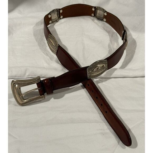 Fossil Brown Leather Belt Size Large Silvertone Concho Medallions West Southwest - Picture 1 of 7
